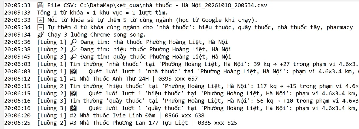 Nhật ký DataMap đang quét: tự thêm từ khóa hiệu thuốc, quầy thuốc, chạy 3 luồng Chrome, tìm theo Phường Hoàng Liệt