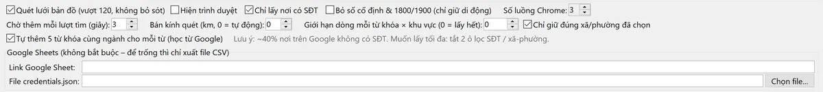 Hàng tuỳ chọn của DataMap: quét lưới bản đồ, chỉ lấy nơi có SĐT, bỏ số cố định, số luồng Chrome, chỉ giữ đúng xã/phường